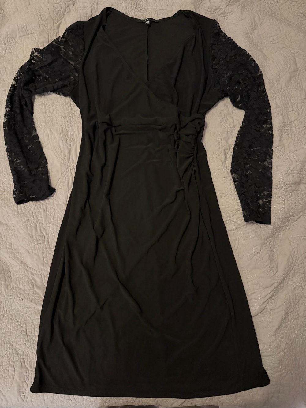 Tiana B. Black Long Sheer Lace-Sleeve Wrap front Dress